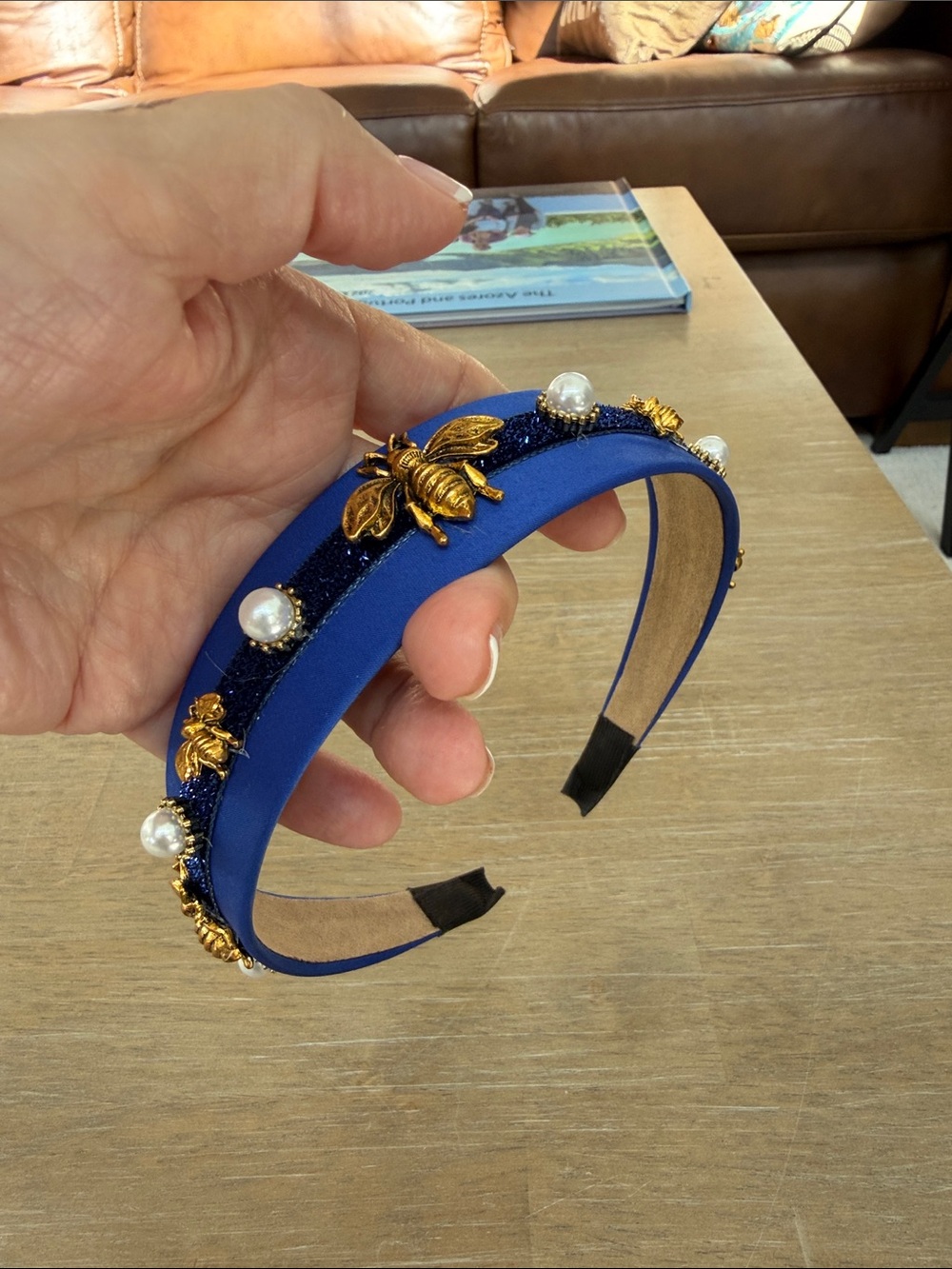 5/$20 Electric Blue Headband with Gold Bee and Pearl Accents NWOT